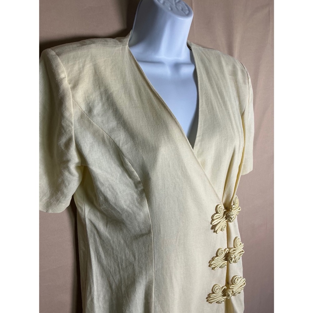 Ultra Dress New York Vintage Linen Blend Frog Closure Wrap Midi Dress Cream Sz 8 - Picture 9 of 10